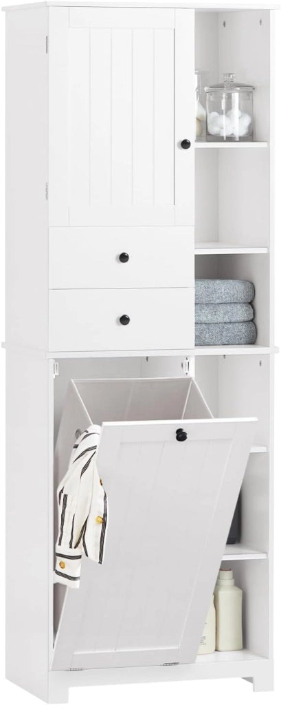 Mobile Bagno con Cesto per Linge Mobile Rangemento Alto Armadio Bagno con 6 Ripiani e 2 Cassetti Mobiletto Salvaspazio Bianco 60x37x171 cm BZR104-W