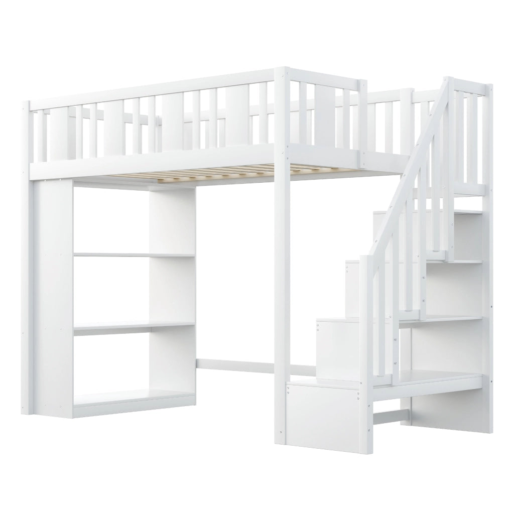 DESMIU Letto a soppalco letto singolo 1 posto con scala contenitore e 3 ripiani, 90 × 200 cm, senza materasso