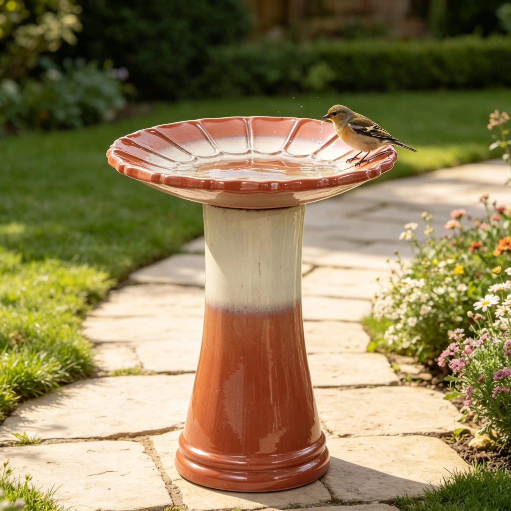 Fontana da giardino in ceramica fatta a mano con vasca ampia e base alta smaltata rosso ruggine 51 × 40 × 52 cm