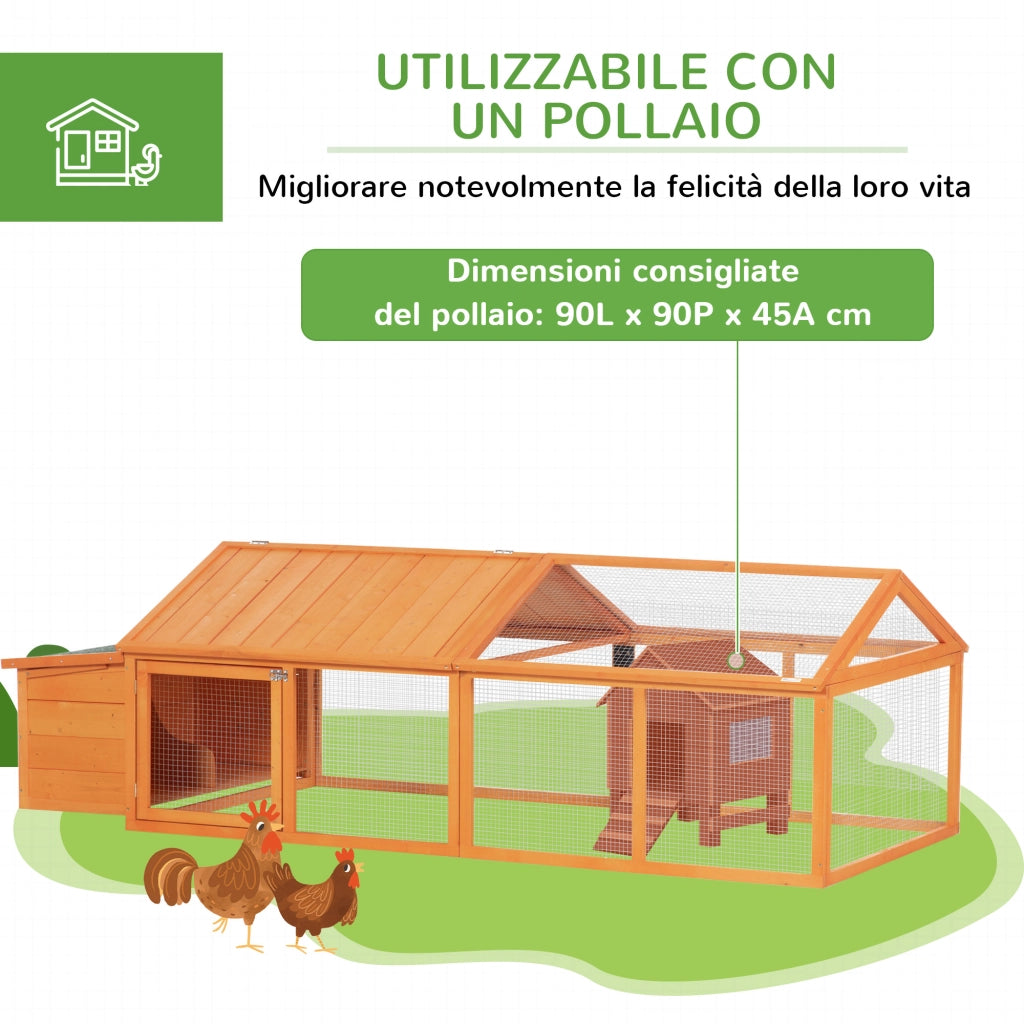 Pollaio da Giardino in Legno con Rete Metallica e Tetto Apribile - Xylo - 240x112.5x76 cm Arancione