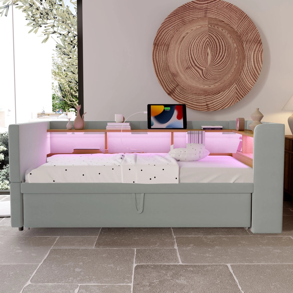 Divano letto 90/180x190 cm con LED; prese e vani contenitore; in flanella grigio chiaro
