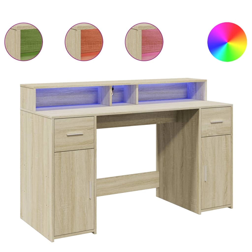 Scrivania da ufficio postazione di lavoro mobile per computer scrivania da studio con luci a LED legno ingegnerizzato rovere Sonoma marrone 02_0023426