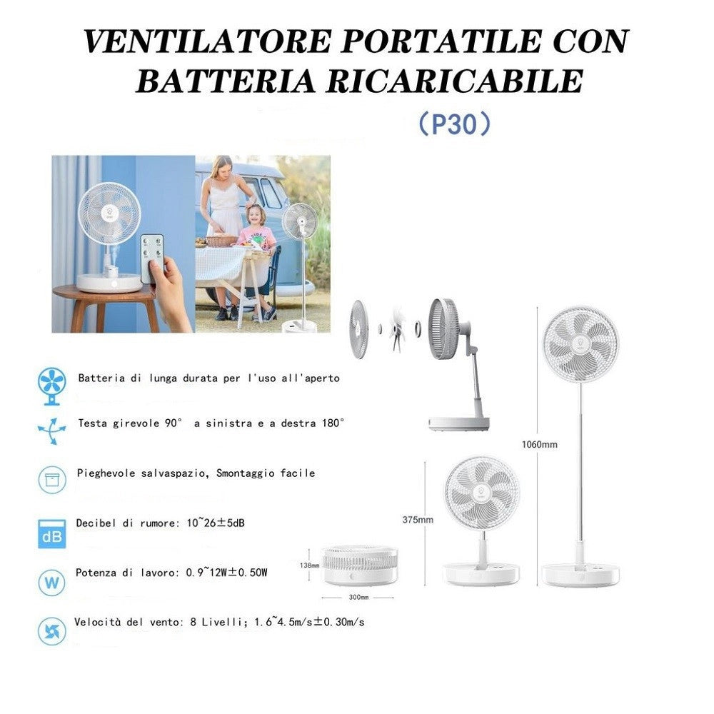 Trade Shop - Ventilatore Portatile Con Batteria Ricaricabile P30 Design Pieghevole Salvaspazio -