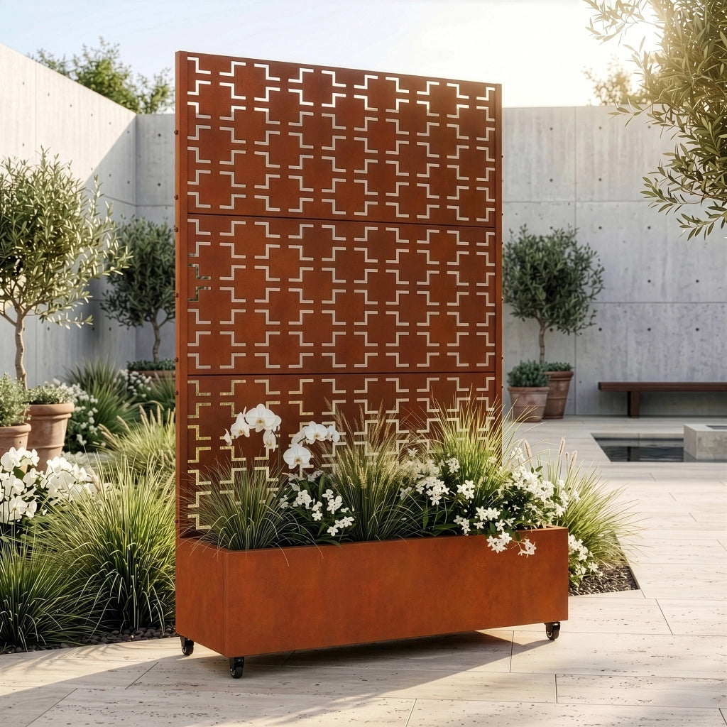 Fioriera con Spalliera Aaskis a Rotelle in Acciaio Corten 190 x 120 x 38 cm - Marrone Ossidato casa.pro