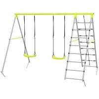 Altalena da Giardino per Bambini 4 in 1 con 2 Seggiolini, Altalena, Scala e Rete per l'Arrampicata, Verde