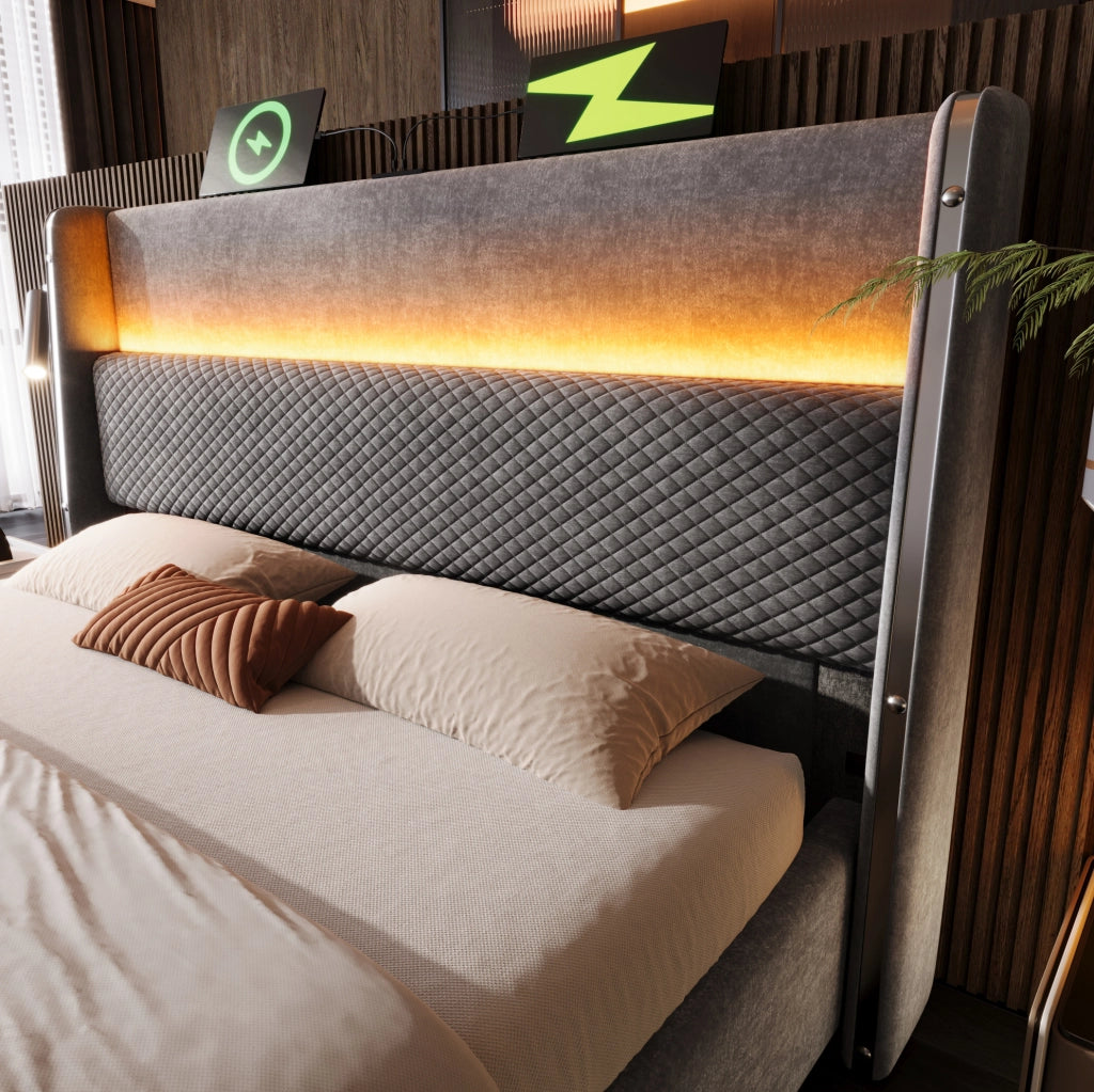 Letto con testiera alta, LED integrato, vano contenitore e porte USB/Type-C