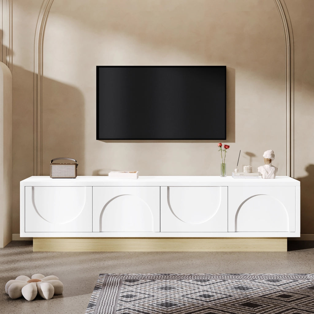Mobile porta tv bianco con 4 ante e 2 ripiani, design curvo, per soggiorno, in MDF, 175 × 40 × 41,5 cm