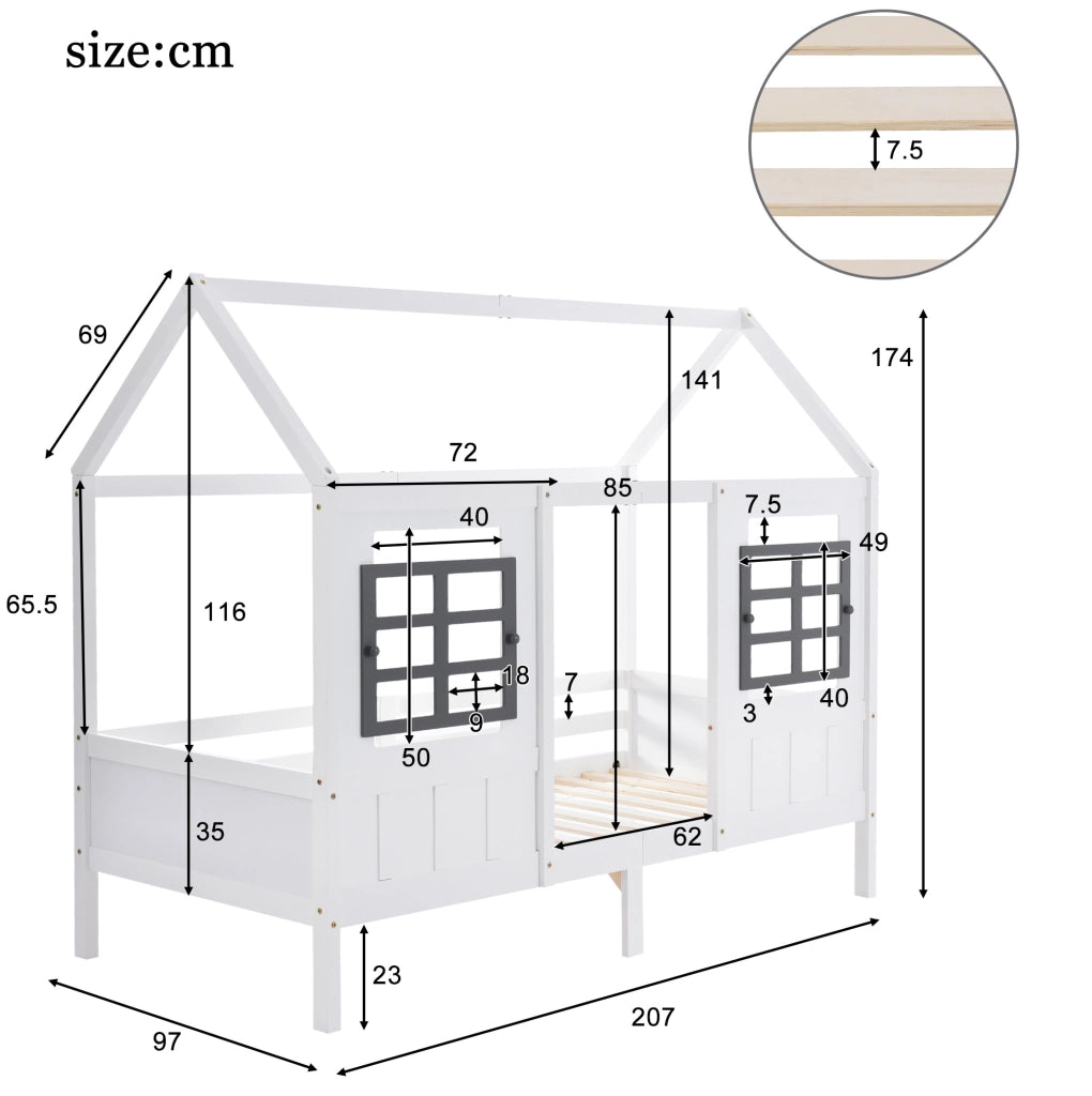 Letto casa con due cassetti e finestre, bianco
