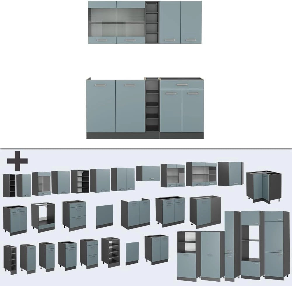 Cucina completa R-Line, Blu-grigio/antracite, 160 cm, PL Marmo, adatto per l'espansione individuale con moduli aggiuntivi
