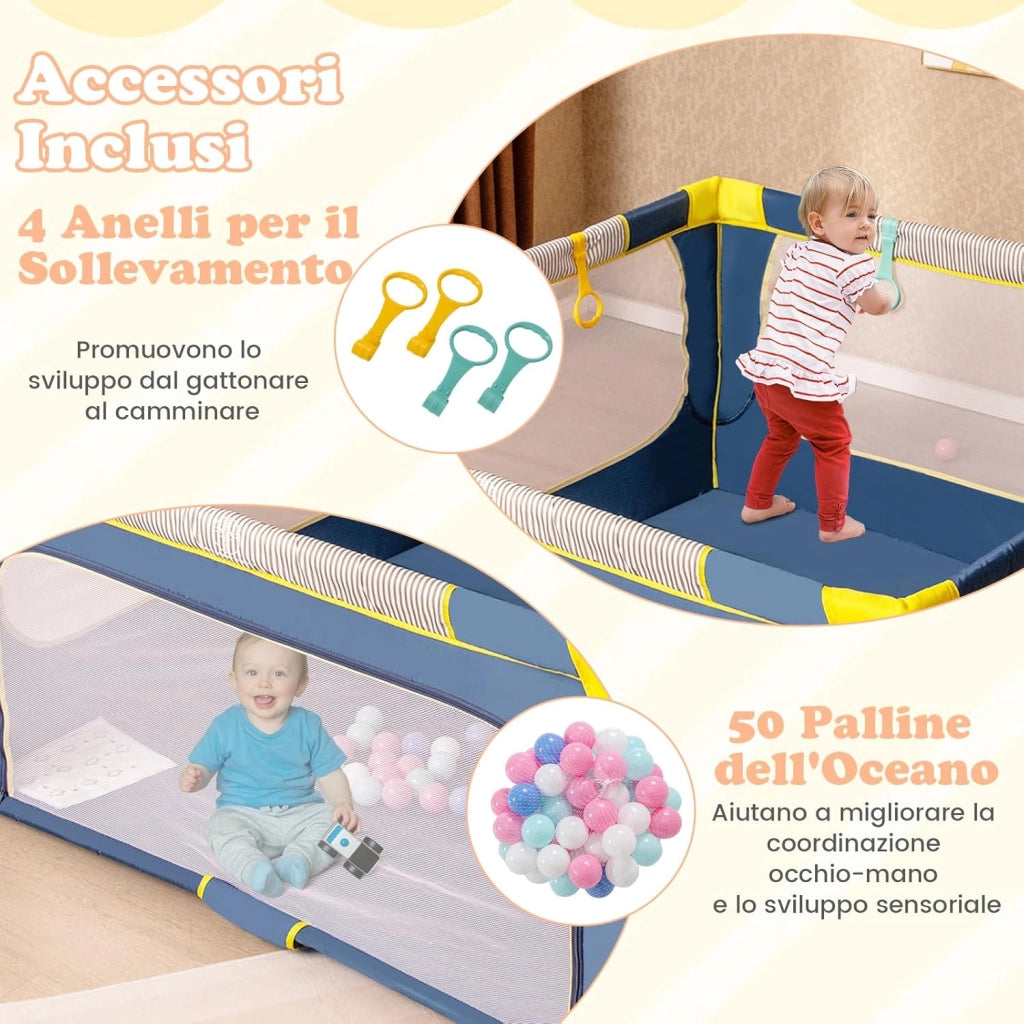 Box per Bambini 150 x 150 cm, Recinto per Neonati Pieghevole in Tessuto Oxford con Rete Traspirante, Centro Attività con 50 Palline, 4 Pezzi Anelli e Borsa (Blu, 150 x 150 cm)