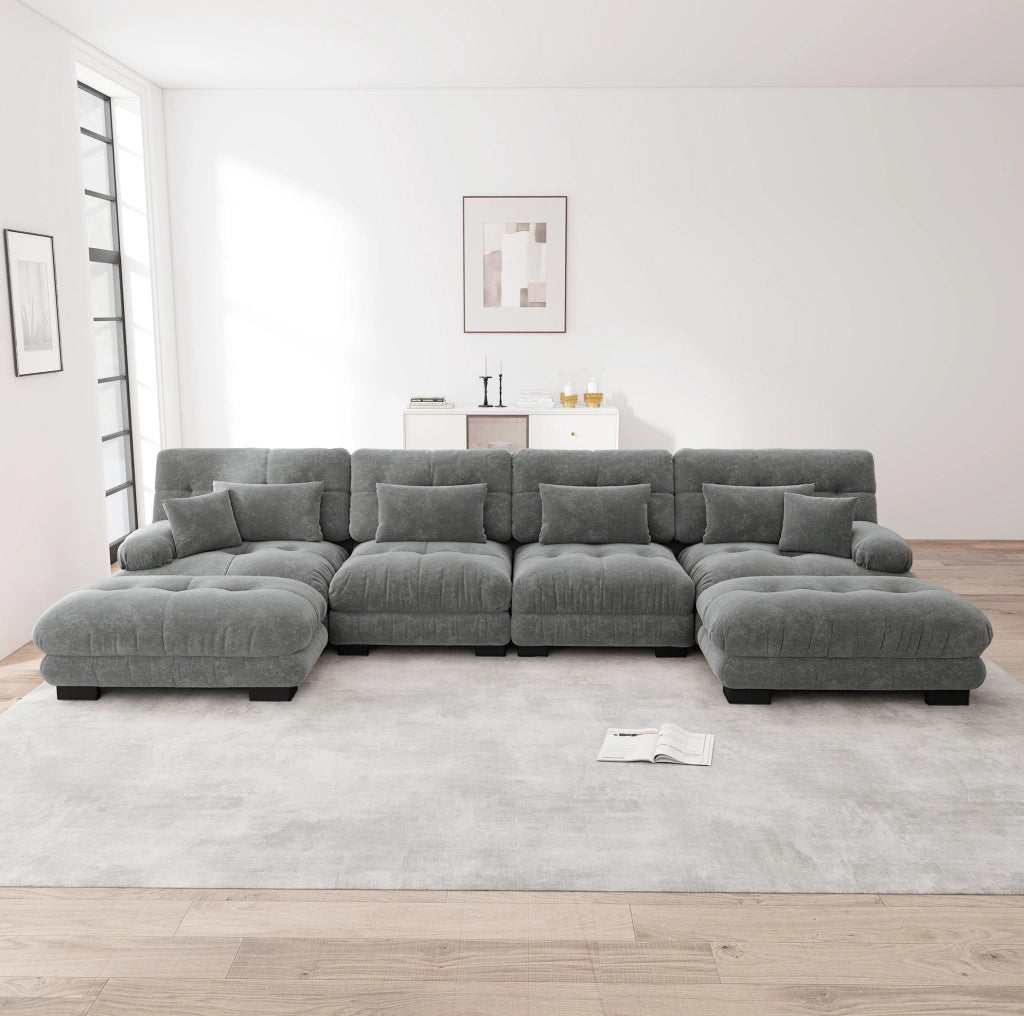 Divano modulare 406x145x81 cm con pouf mobili in chenille grigio