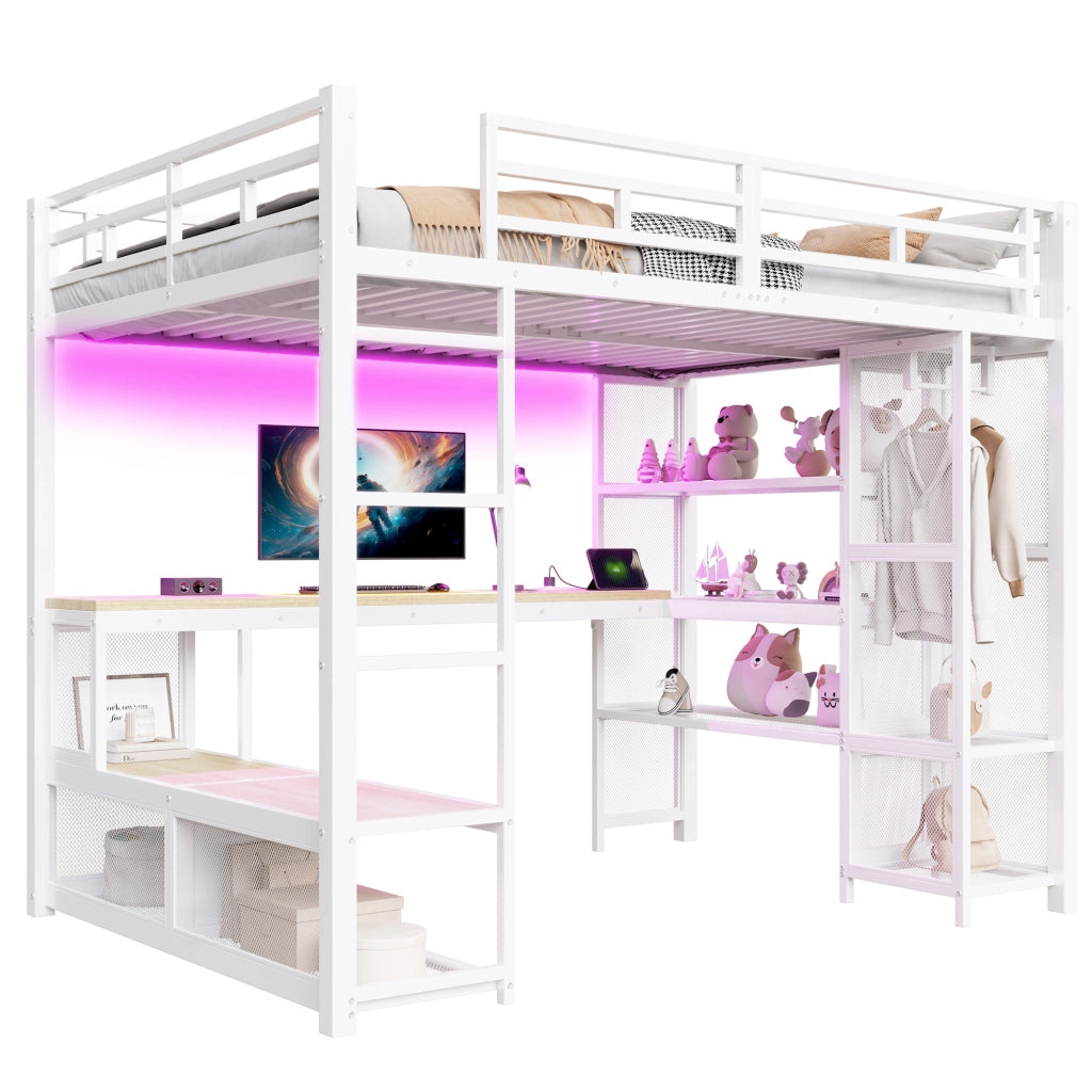 LETTO a soppalco 140x200 cm in metallo e MDF bianco con scrivania, LED e armadio aperto