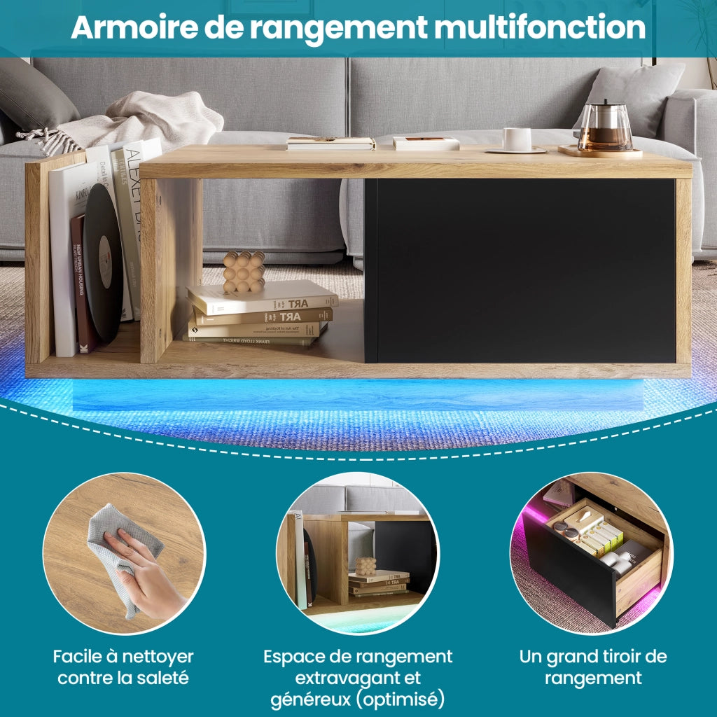 Tavolino basso con LED, 1 cassetto e vano aperto, stile retro, per soggiorno, in legno ingegnerizzato, naturale