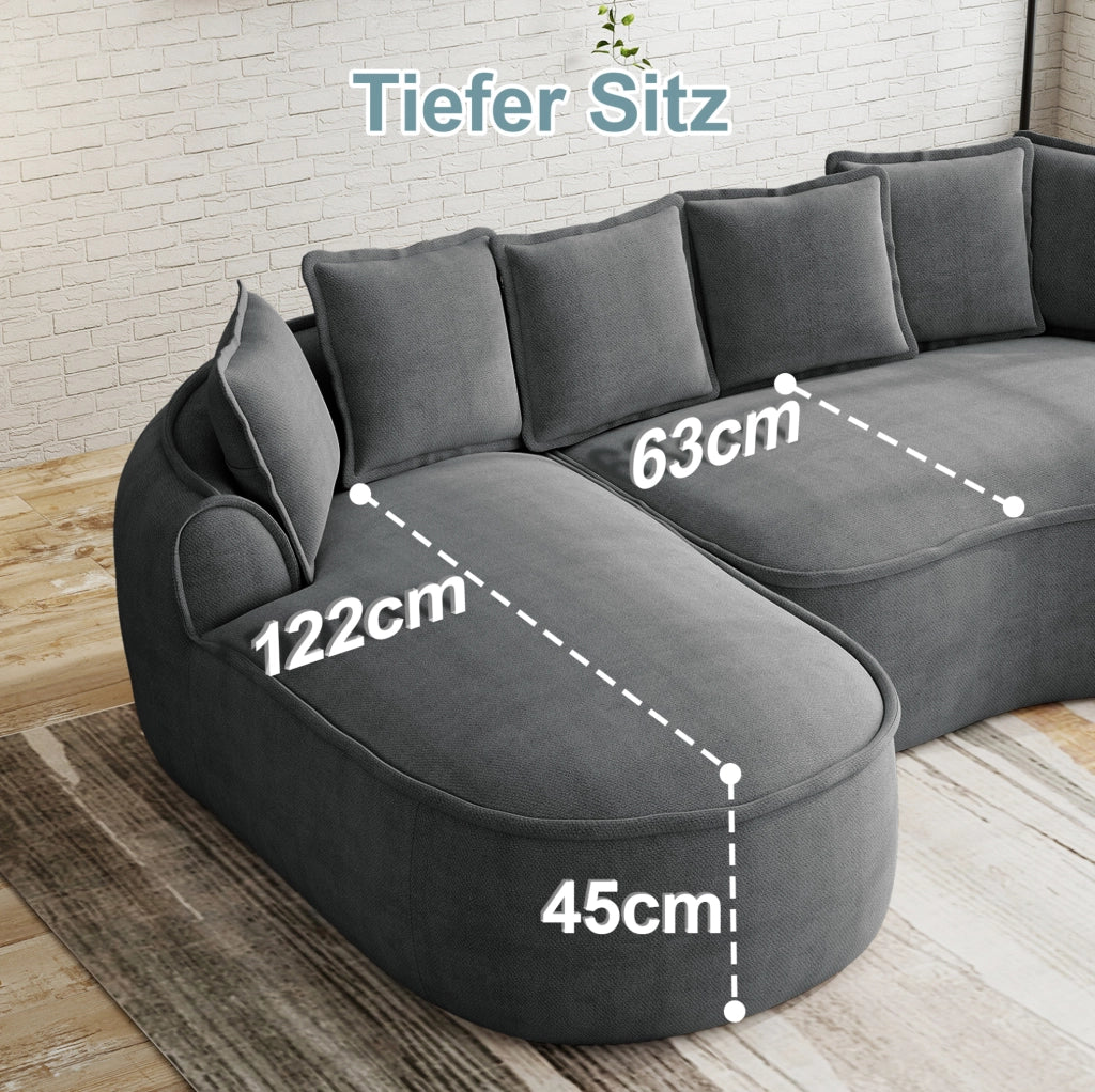 Divano modulare senza struttura in ciniglia grigia con chaise longue; 252x164x67 cm