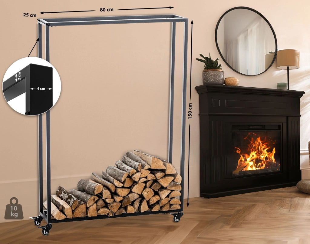Portalegna per Camino HETTA in Acciaio Inox nero,25x80x150 cm
