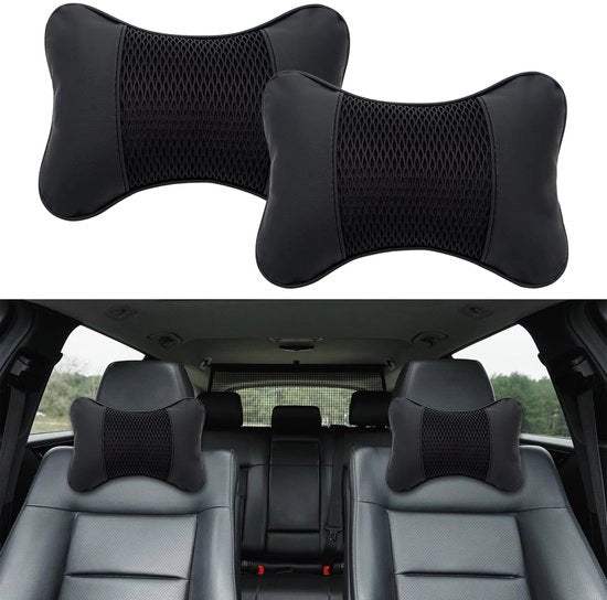 Necchi 2 Pezzi - Supporto Ergonomico Cervicale - Schiuma Rigida - Pelle PU - 28 x 18 cm - Per Auto/Viaggi/Ufficio - Cuscino Cervicale