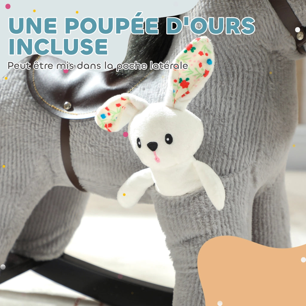 Cavallo a Dondolo in Peluche per Bambini con Suono e Bambola ¨C zephmum ¨C Grigio 71x26x55 cm