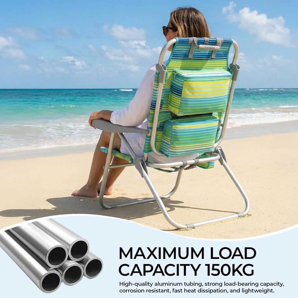 Sedia da Spiaggia Pieghevole in Lega di Alluminio, Leggera, Set da 2 Sedie con 1 Tavolo, Sedia Pieghevole Portatile a Zaino, Sedia da Campeggio, Reclinabile, Capacità di Carico fino a 150 kg