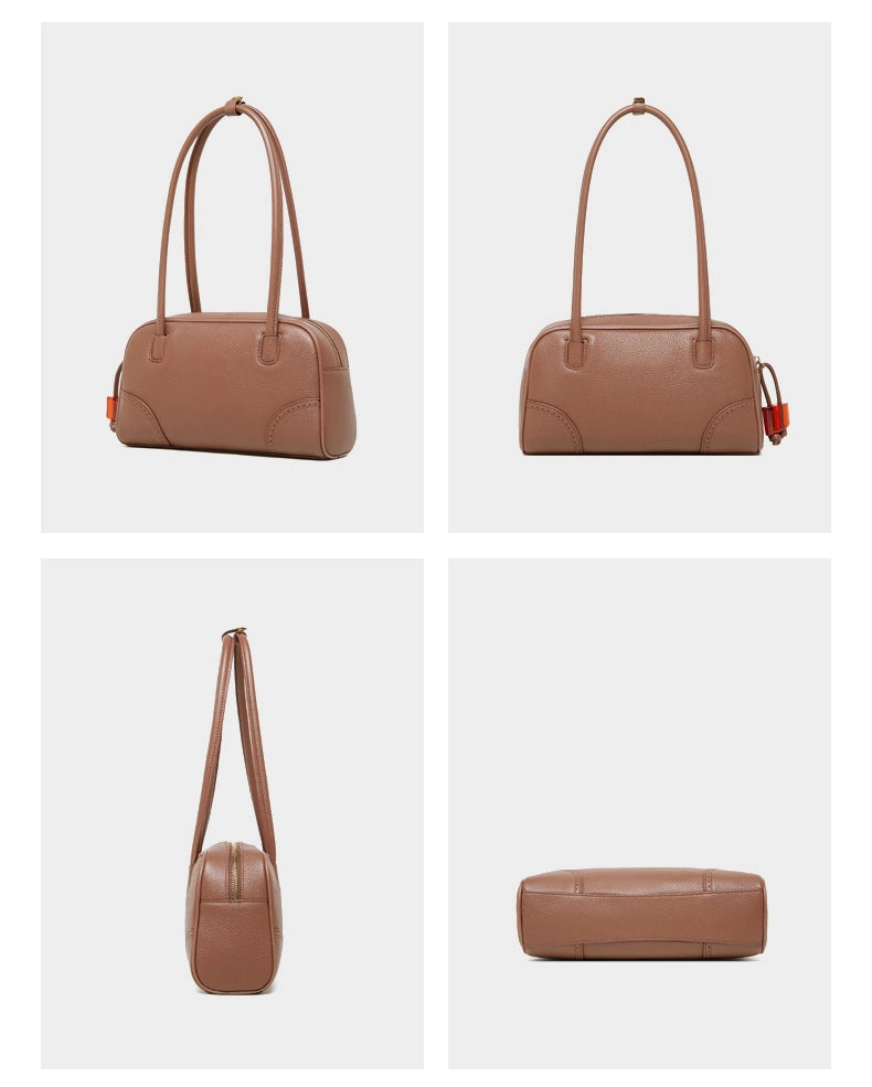 Borsa a mano in vera pelle di grande capacit¨¤, modello bowling, marrone