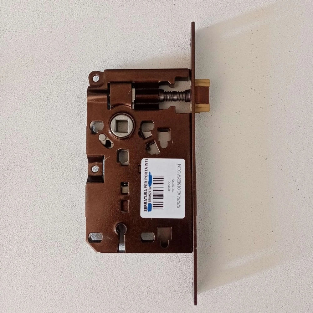 Serratura bronzata ad incasso per porta legno ad infilare patent bordo quadro, diametro 40mm