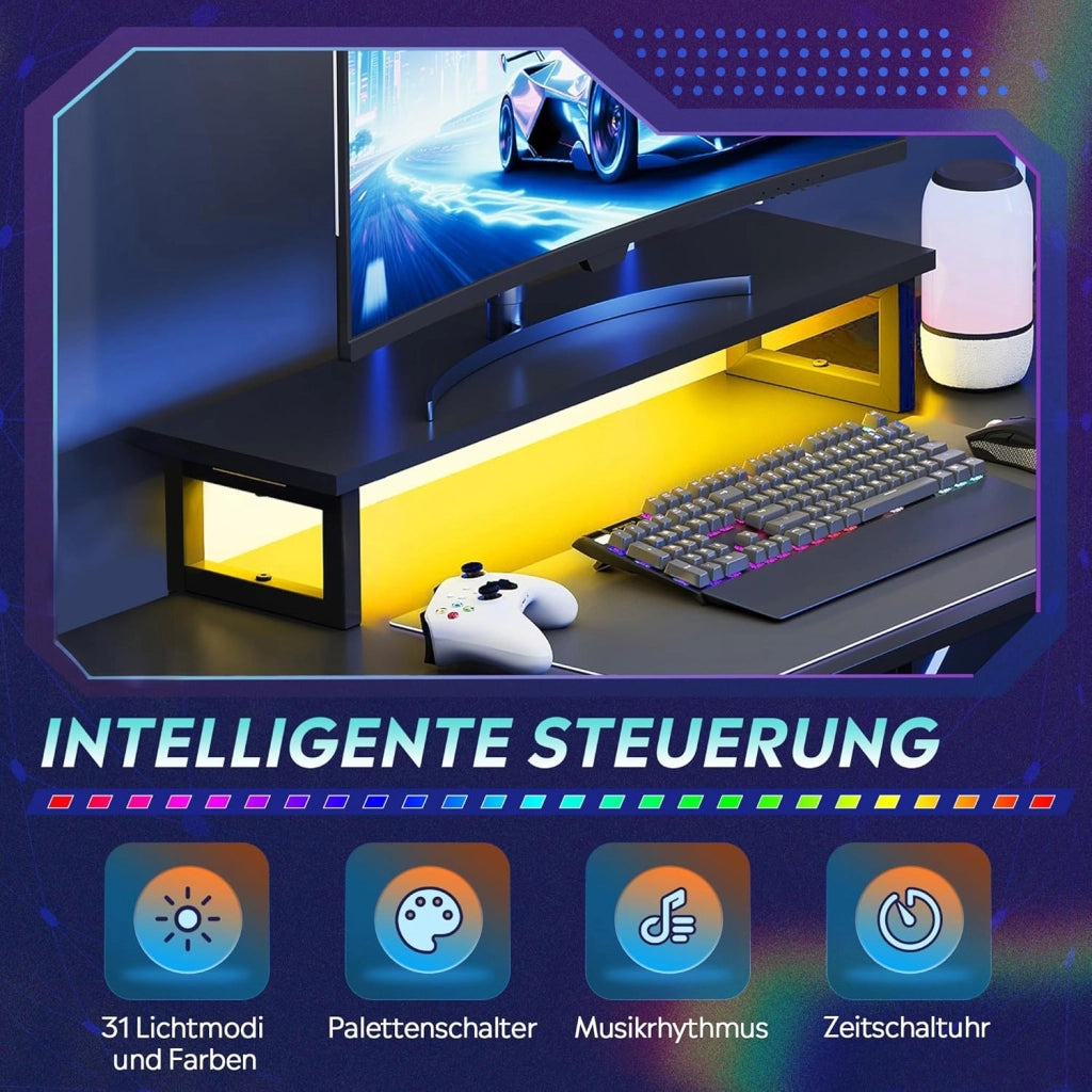 Scrivania da gaming angolare L ¨C zephmum ¨C nero, 150x118 cm, con cassetto, presa e USB