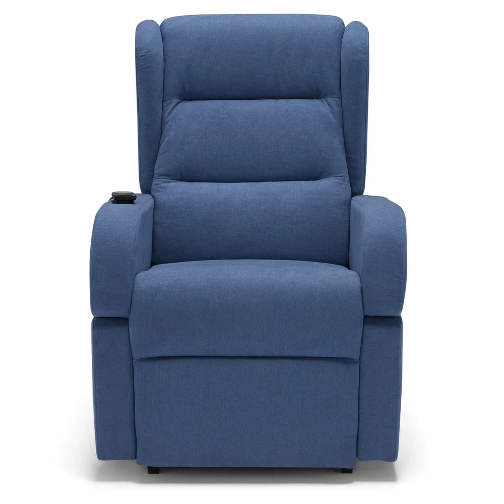 Poltrona relax elettrica Bilbao per anziani, 2 motori, 2 ruote, reclinazione e alzapersona, Tavolino di Servizio, braccioli estrabili, doppia pediera, colore Blu