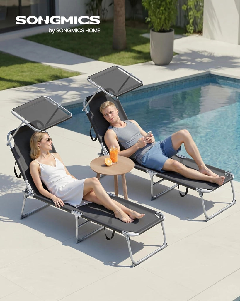 SONGMICS Sedie a Sdraio Pieghevoli, 189 x 53 x 28,5 cm, Lettini Prendisole, Portata 110 kg Ciascuno, Parasole e Schienale Regolabili, per Terrazza e Balcone, Set da 2, Nero GCB294BZ02