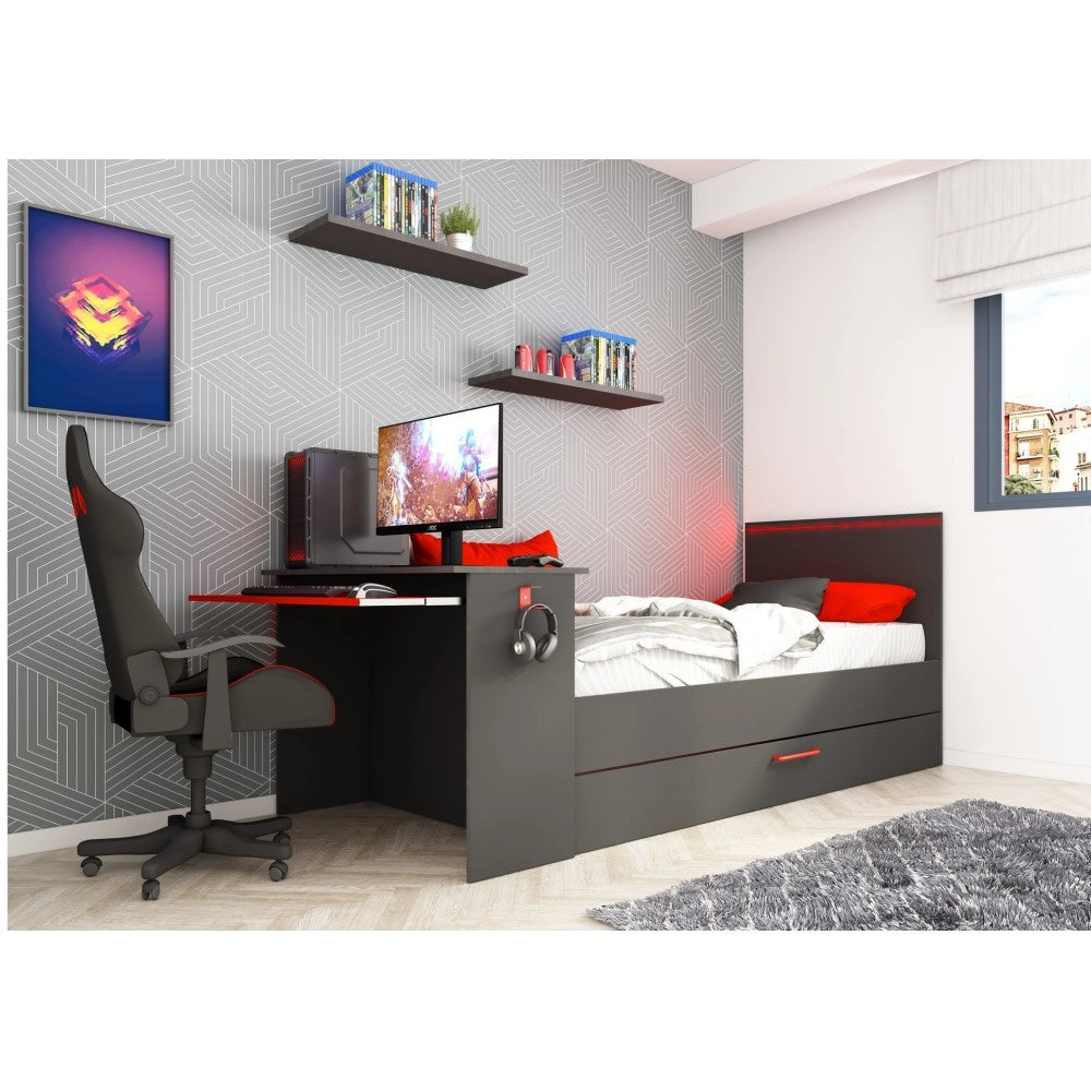 Cameretta con letto estraibile e scrivania antracite e rosso 5040