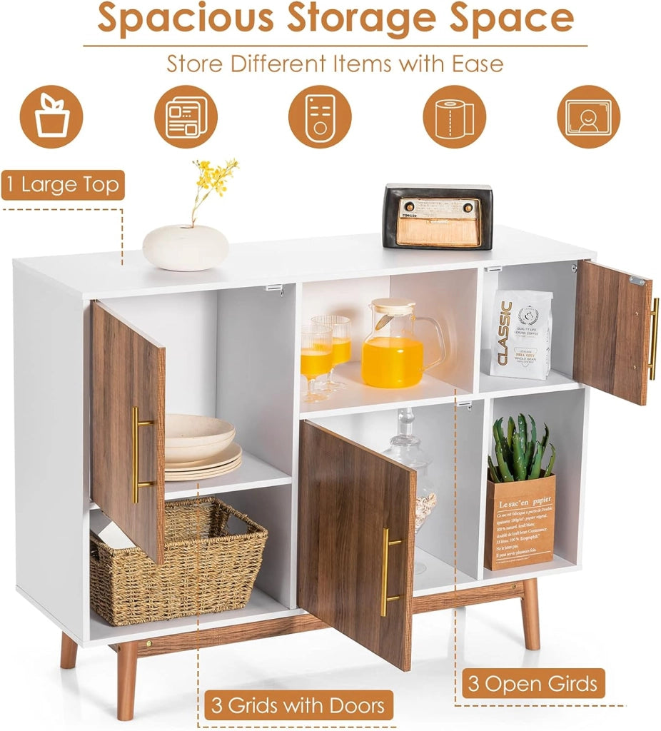 Armadio in legno, credenza per soggiorno, a buffet, 6 scomparti e 3 ante, mobile laterale, moderno, indipendente (bianco + naturale)