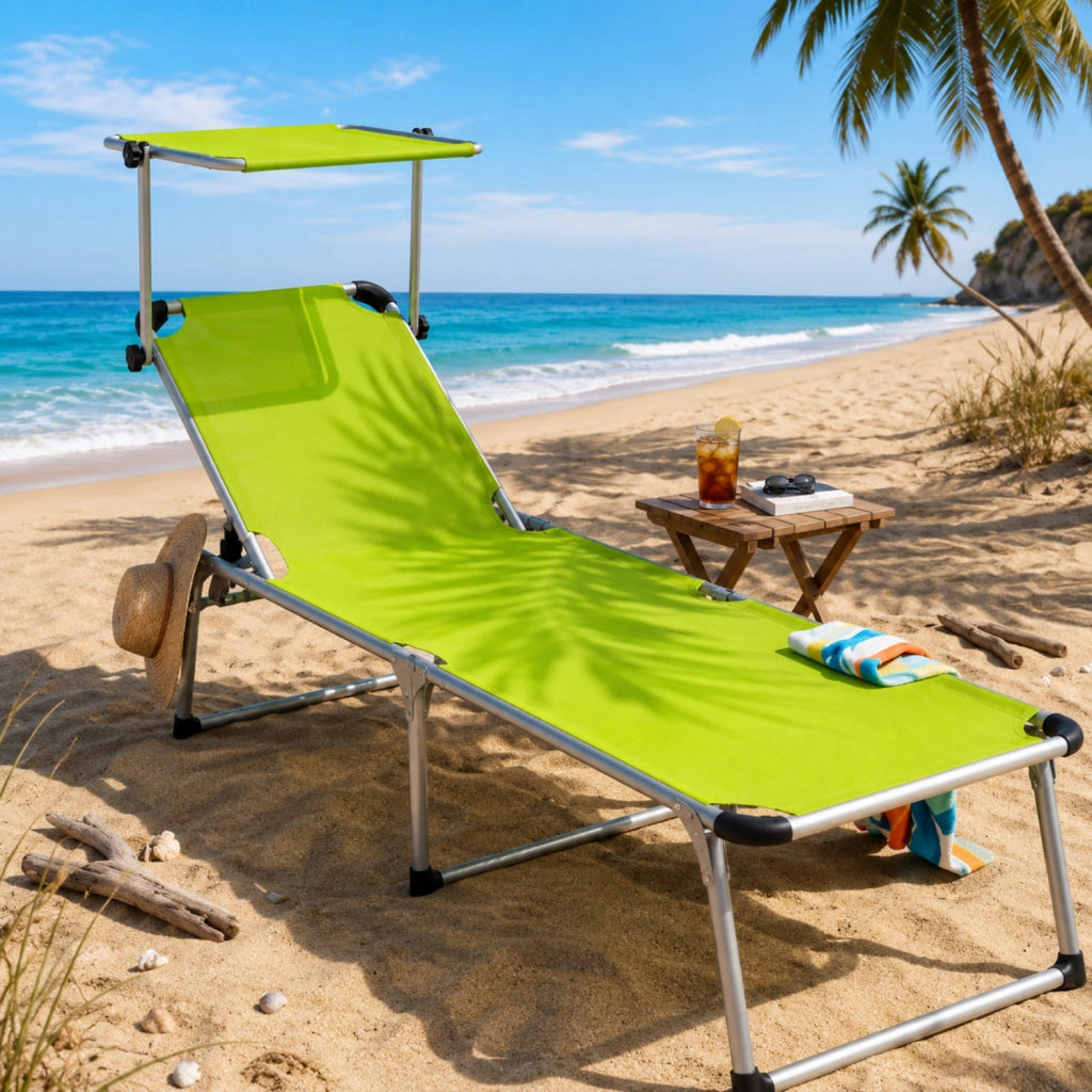 Sedia Sdraio Per Spiaggia Mare Giardino Piscina Lettino Pieghevole Prendisole Con Tettuccio Parasole Schienale Reclinabile Regolabile In 6 Posizioni Struttura In Alluminio 187 X 59 X 29 Cm Verde Fluo