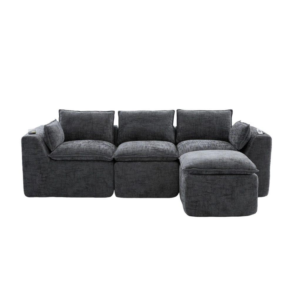 Divano modulare 3 posti con pouf; tasche laterali e cuscini; in chenille grigio scuro 256x161x75 cm