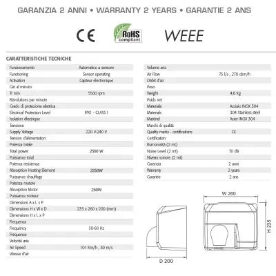 Asciugamani elettrico antivandalo in acciaio inox lucido 2500W