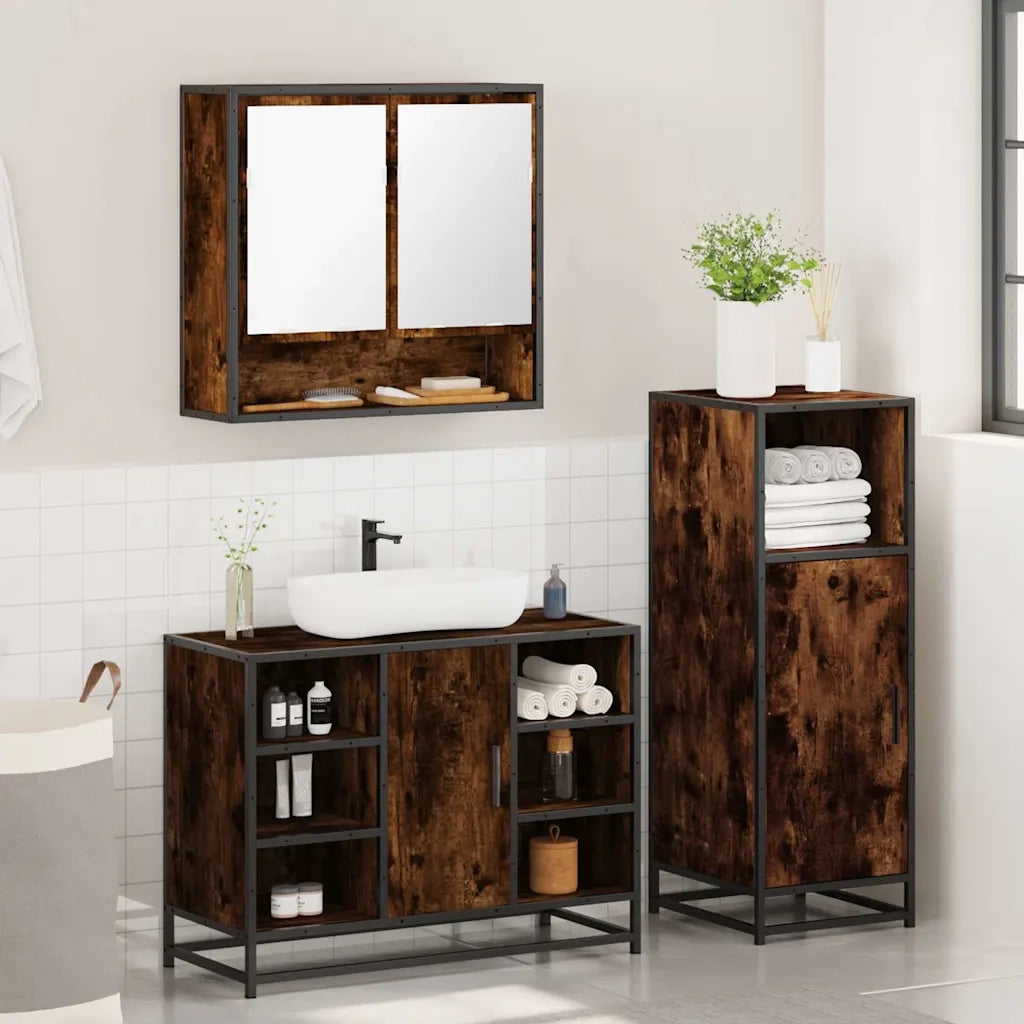 Set Mobili da Bagno 3 pz Rovere Fumo in Legno Multistrato 3301002