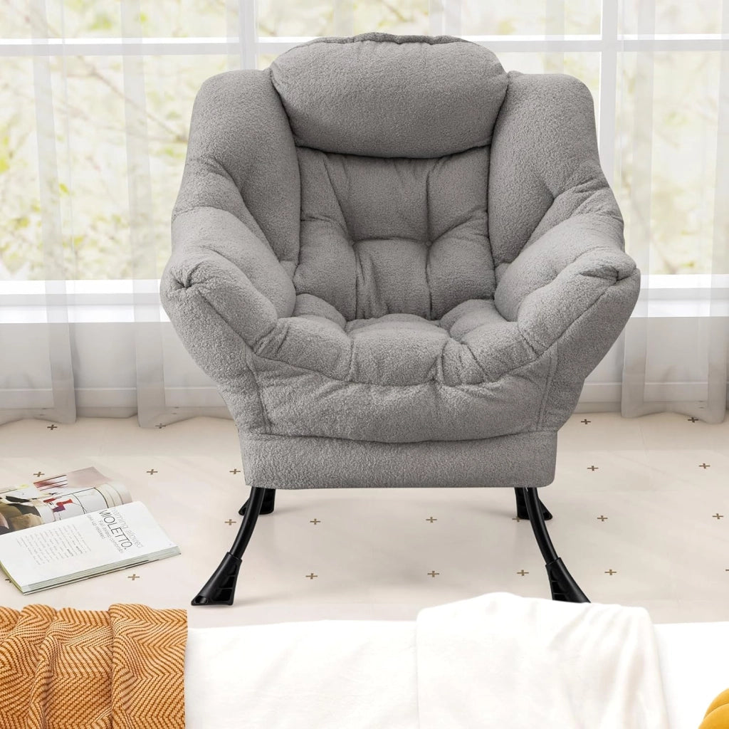 Poltrona da lettura moderna con struttura in metallo, 80 x 74 x 97 cm, sedia da divano imbottita in finta pelliccia, poltrona singola con braccioli e tasca laterale, per soggiorno, ufficio