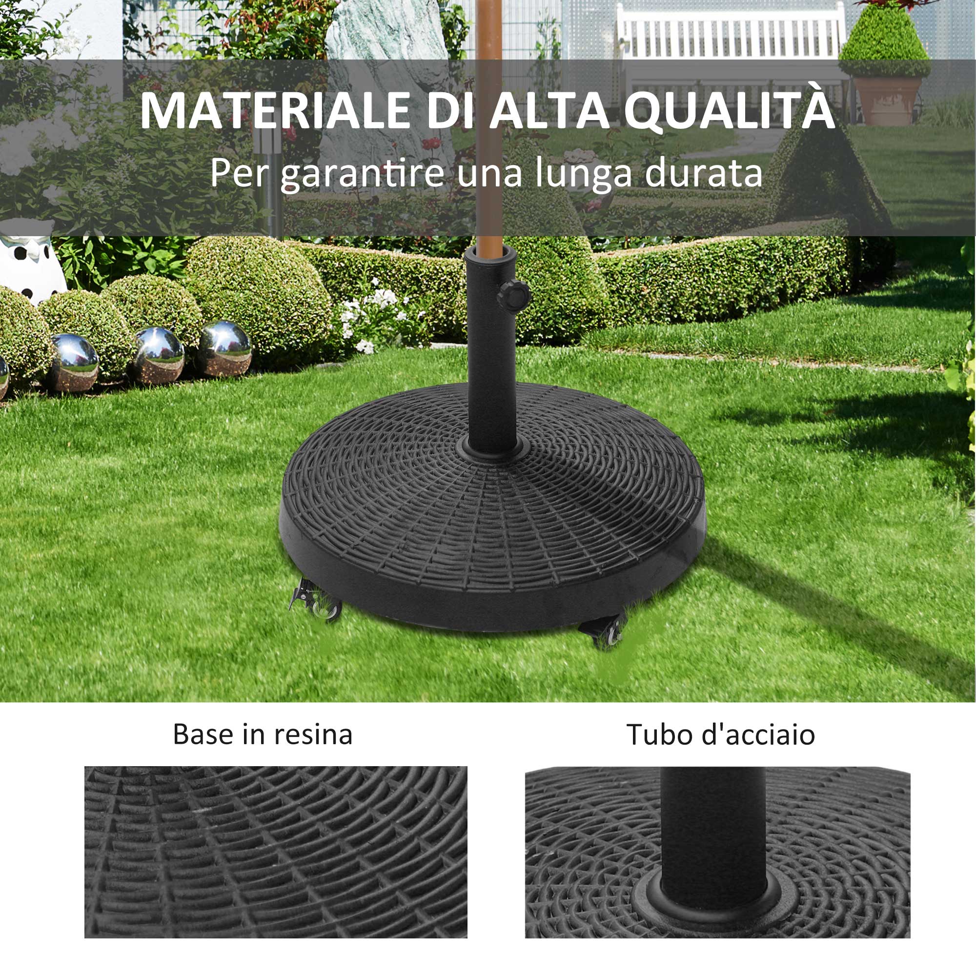 Base per Ombrellone da Giardino 25 Kg in Resina e Acciaio Nero Ø52x41 cm