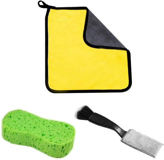 Set di Pulizia Completo per Auto - Panno Microfibra/Saponetta - Spazzola/Borsetta - Acciaio Inossidabile - Per Interno - Qualità Professionale - Kit di Pulizia Auto Interno
