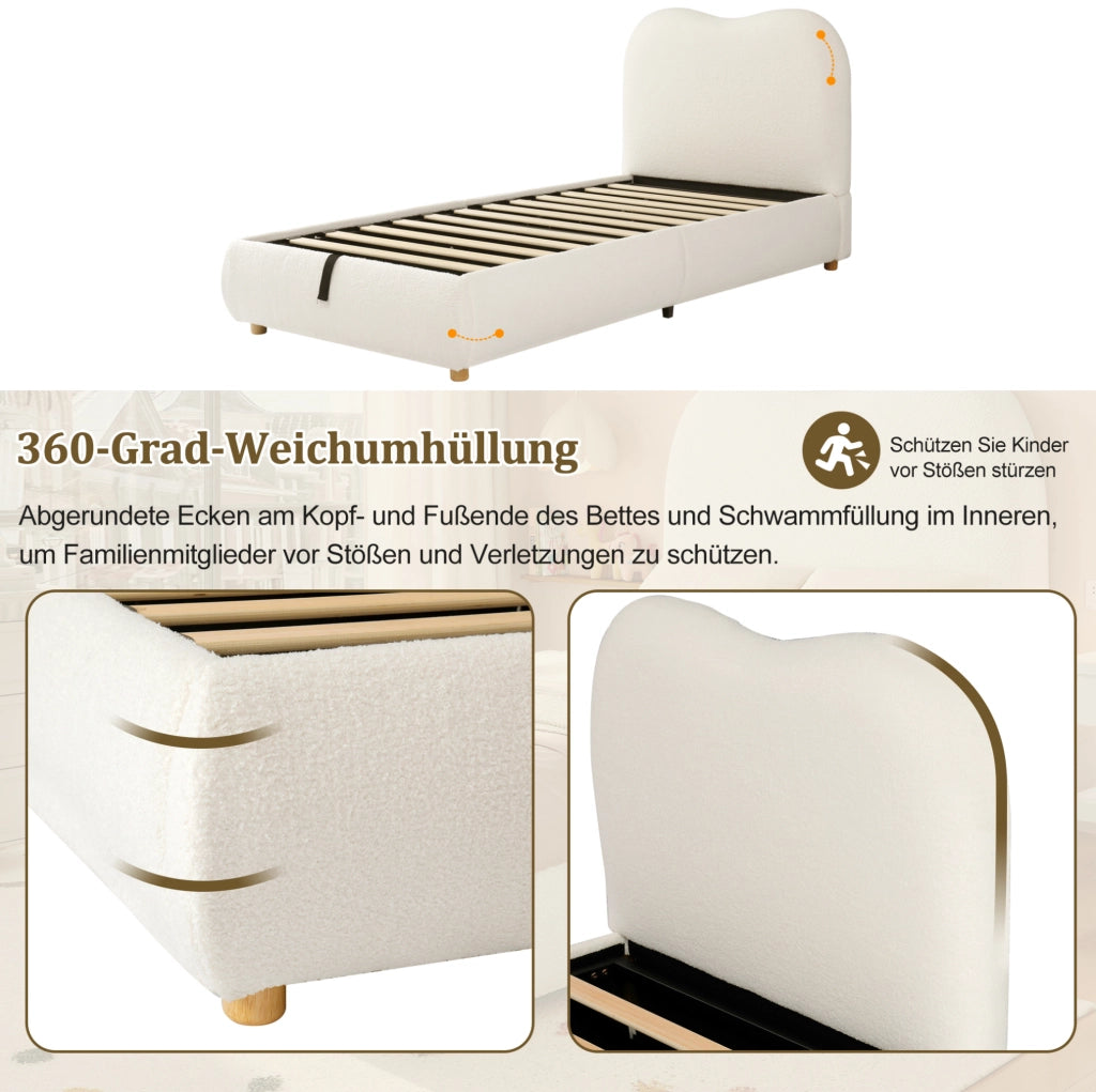 Letto imbottito per bambini con contenitore e rete a doghe; bouclé beige; 215x101x98 cm