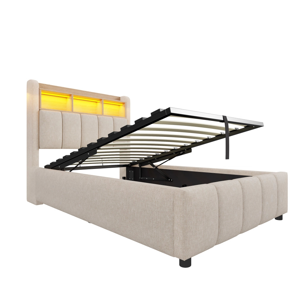 Letto imbottito 90x200 cm in tessuto effetto lino con LED, USB-C e vano contenitore idraulico, beige