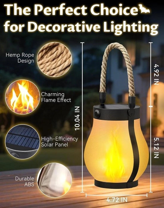 Lanterna Solare a Doppia Fonte - 12×13cm - Lanterna Solare a Fiamma Danzante - Filo di Canapa per Lanterne a Fiamma - Adatto per Campeggio, Terrazze, Giardini, Patio, Verande, Decorazioni Giardino - Nero