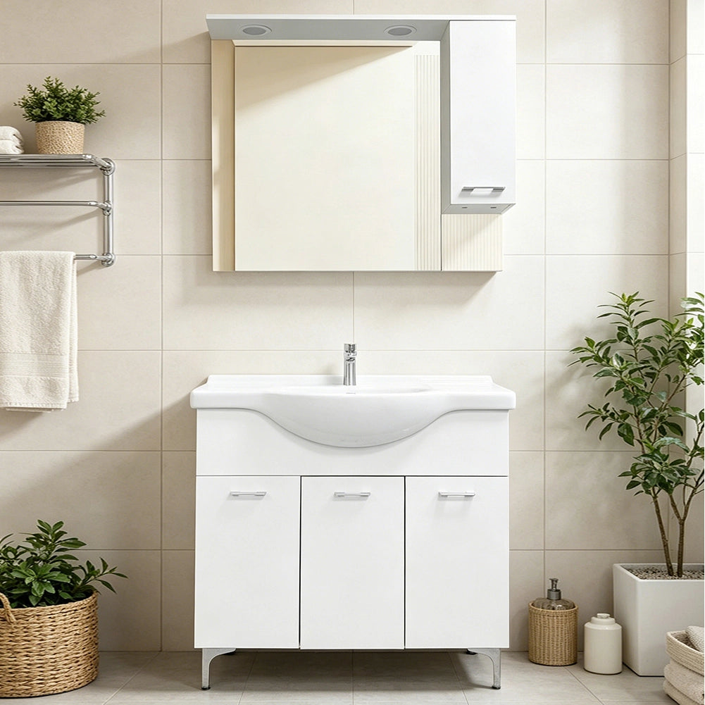 Set Completo Mobile da Bagno da Terra 85 cm Tre Ante Bianco Specchio e Accessori