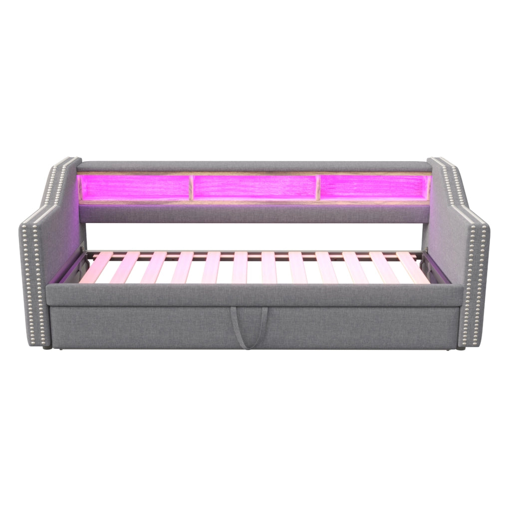 Divano letto estraibile ULEVR 90/180x190 cm con LED, USB e 3 vani laterali, grigio chiaro