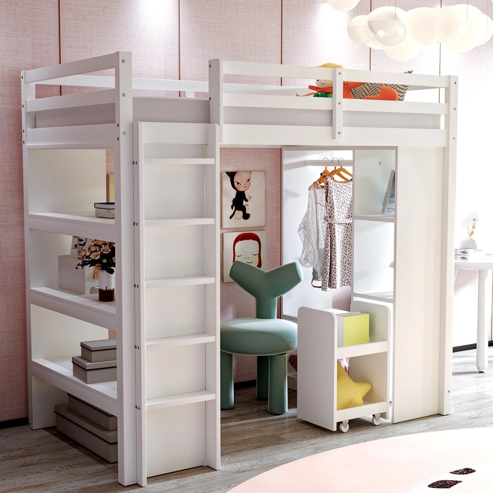 Letto a Soppalco Singolo ¨C MINIMAL ¨C Bianco, con Scaffali, Appendiabiti e Carrello, 90x200