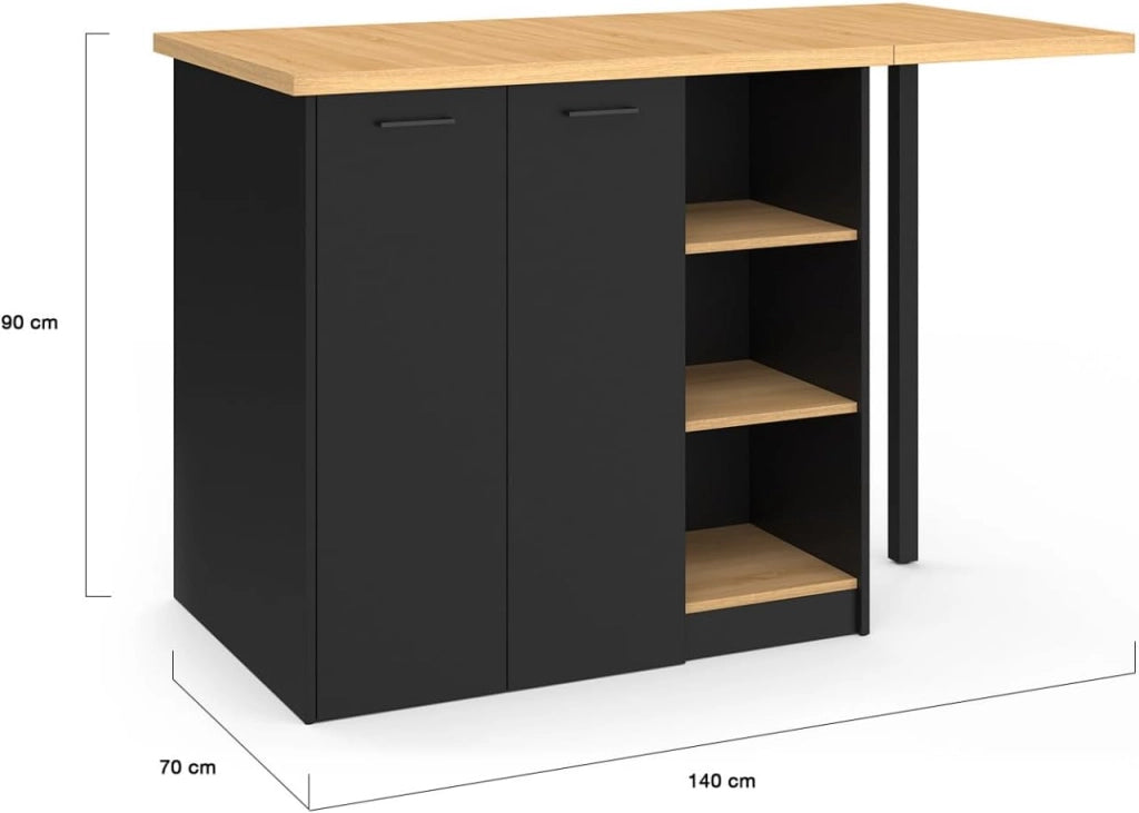 Isola centrale CESAR 140 cm in legno nero con piano di lavoro effetto faggio