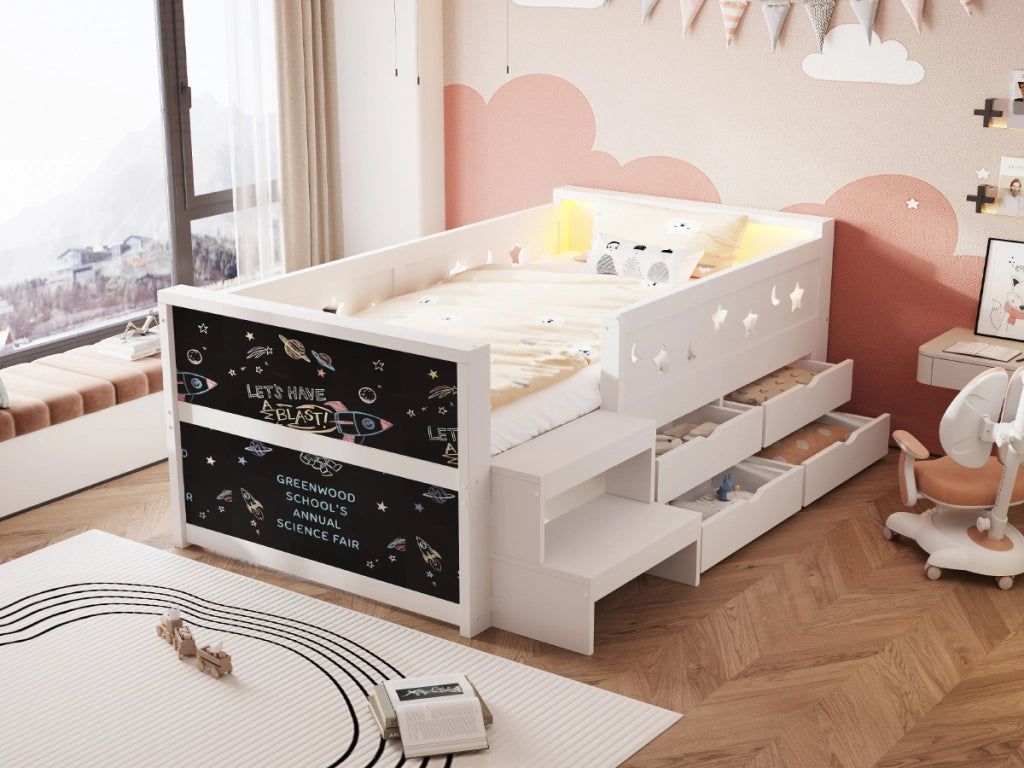 Letto per bambini 90 × 200 cm con barriere di sicurezza, lavagna, 4 cassetti, scaletta e LED, senza materasso, in legno, bianco
