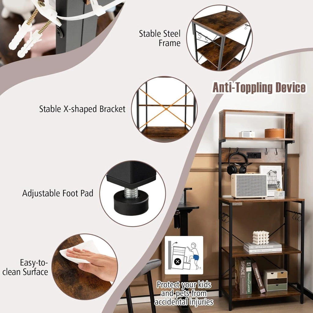 Scaffale da cucina con stazione di ricarica, scaffale per microonde con ripiani aperti e 10 ganci per appenderla, industriale con telaio in acciaio, per cucina, sala da pranzo, 60 x 42 x 153