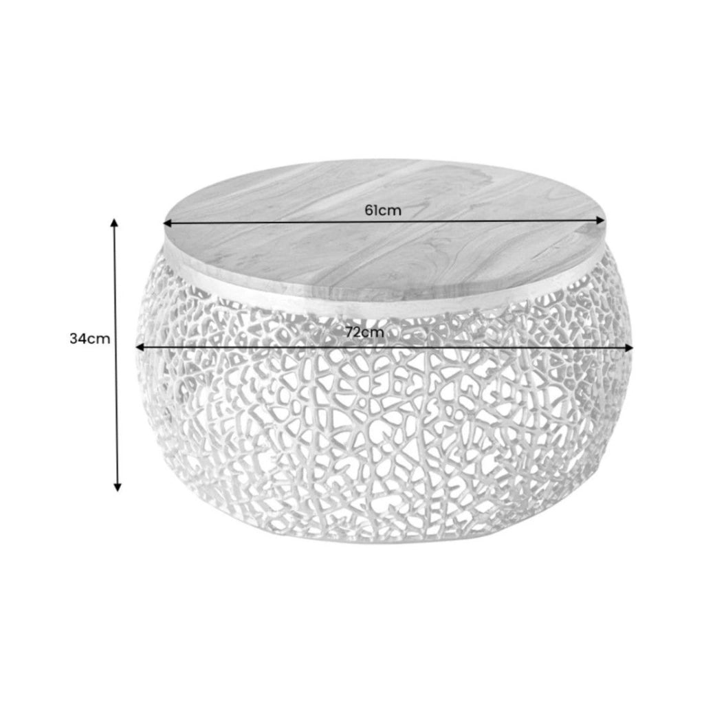 Table bassa METRIX rotonda 72 cm dorata con piano in legno di acacia – Tavolino design in alluminio e legno massiccio