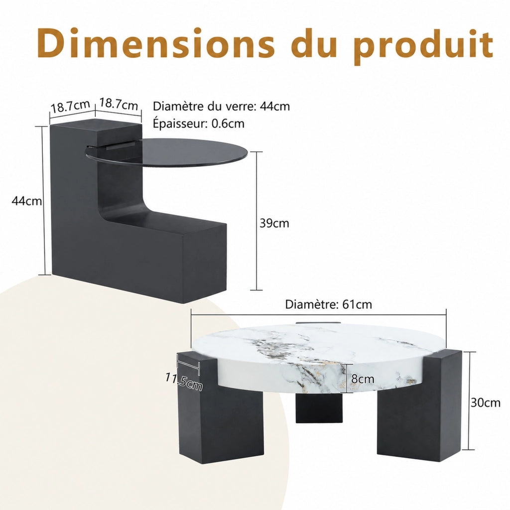 TAVOLINO DA SALOTTO Set da 2 pezzi Ø61/44 cm MDF bianco effetto marmo e nero