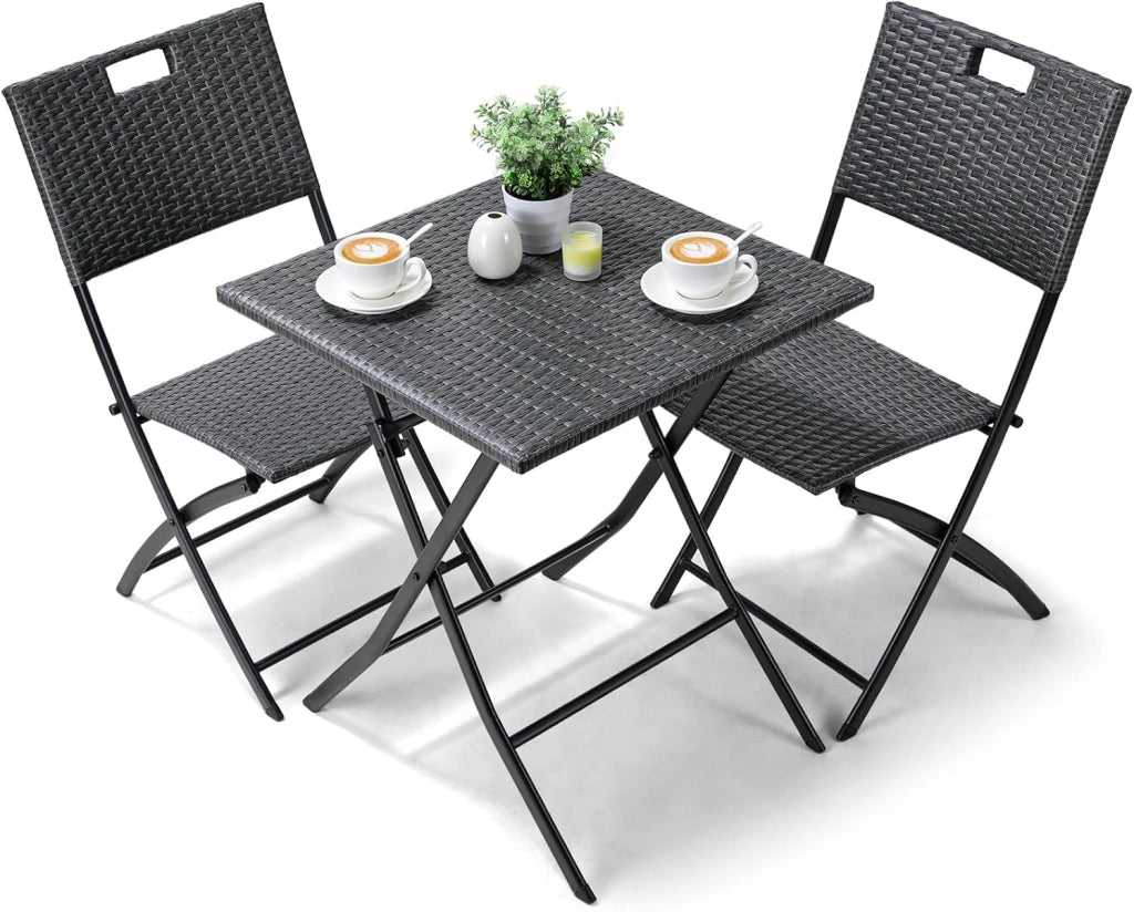 Set di Mobili da Balcone Pieghevole da 3 Pezzi, Mobili da Bistrot, Set Giardino in Rattan, 1 Tavolo e 2 Sedie, Sedia Pieghevole per Balcone, Giardino e Terrazza, Grigio