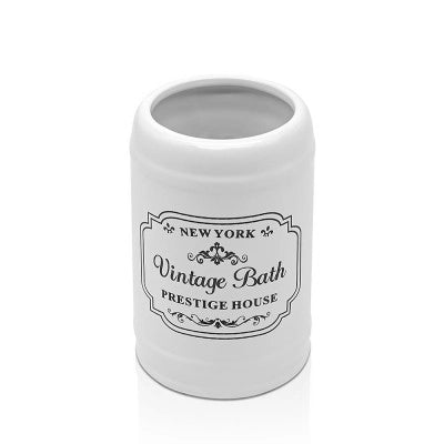 Portaspazzolini bagno in ceramica bianca con stampe a contrasto nere vintage