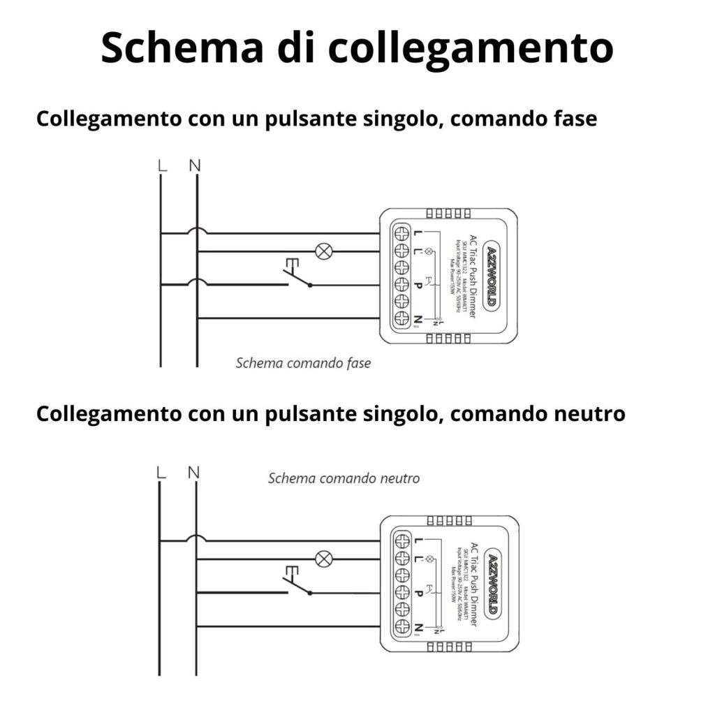 Push AC Triac Dimmer, per Lampada Led Dimmerabile Taglio di Fase, AC 220V 1A Max 150W, Regolabile 10-100%, Sincronizzabile con più Dimmer